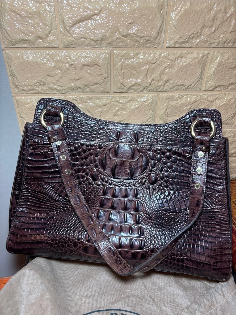 Brahmin Croc-Embossed Leather Shoulder Bag in Dark Brown w Burgundy Tones